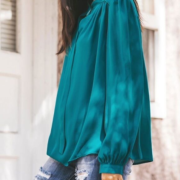 Teal Buckle Neck Blouse  - Picture 3 of 6